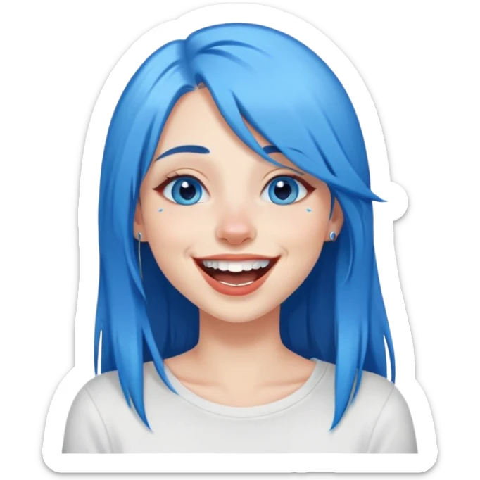Blue haired blue eyes female long straight hair laughing, lip piercing, nose piercing sticker