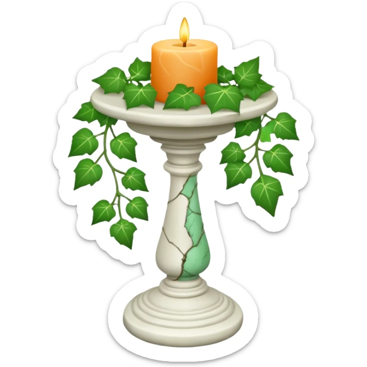 A candle-stand-pedestal made out of howlite stone with ivy vine leaves poking out on one side sticker