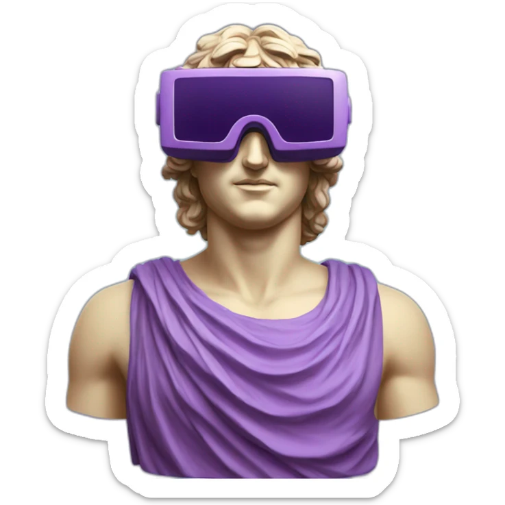 an EMOJI OF A ancient young greek statue, wearing VR headset, purple colors, DIGITAL UNIVERSE sticker
