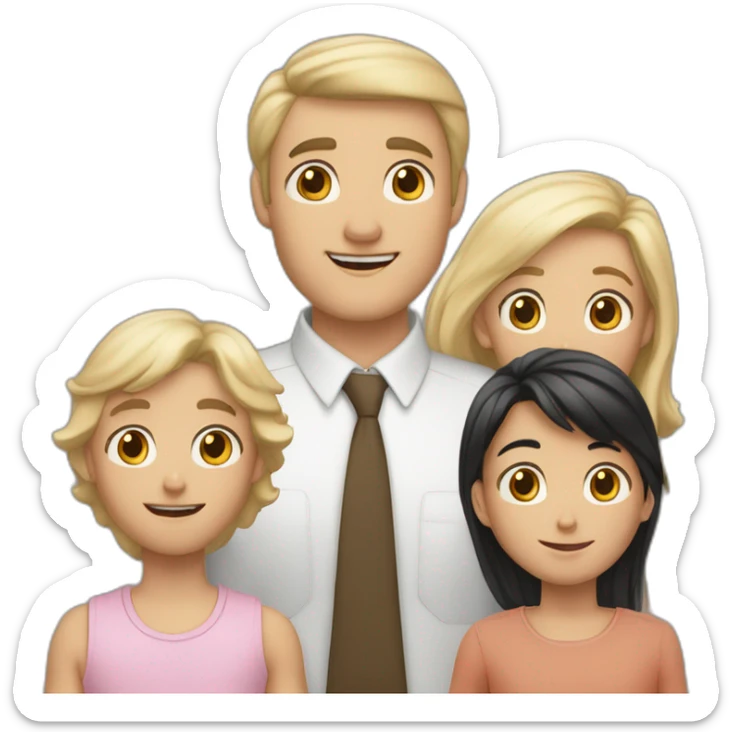 middle age father and his white 3 children, older boy with blonde hair, shorter boy with black hair, and girl with medium carmel colored hair, 3 boys and 1 girls in total  sticker