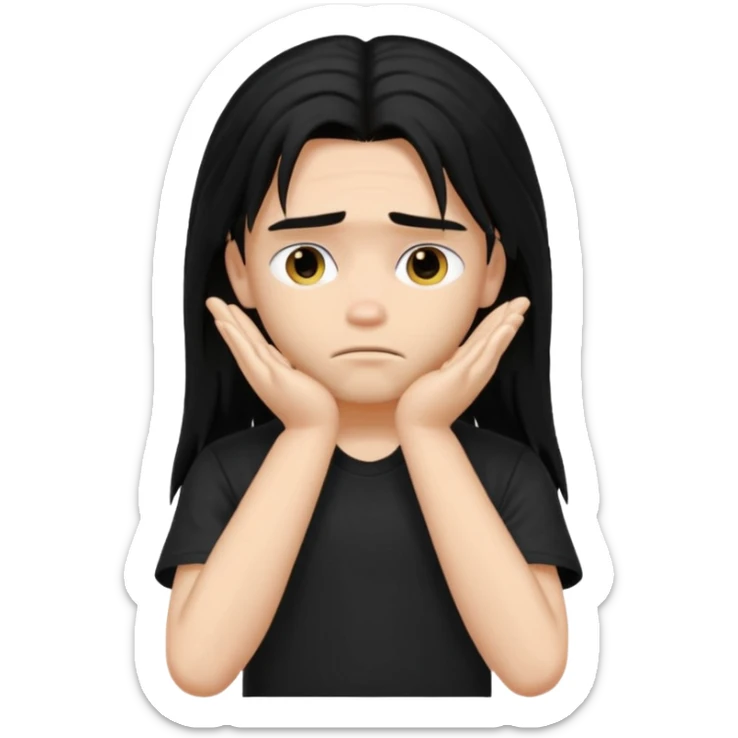 a PRETTY BRATZ boy with black long hair looking sad and covering his face with hands sticker