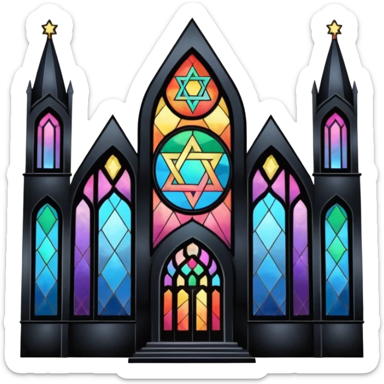 jewish synagogue temple in dark goth aesthetic style with black building and very light tint rainbow stained glass windows. and star of david and celestial symbolism sticker