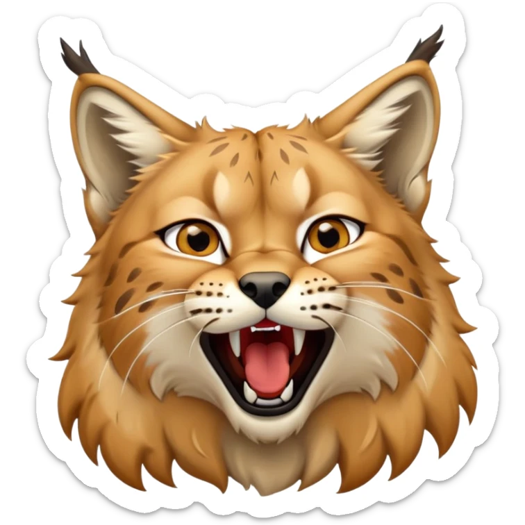 Cinematic-Cute-Yawning-Lynx-Portrait-Emoji – Head tilted slightly with a dramatic, wide-open yawn, revealing a dense golden-brown fur coat with subtle spots, signature black ear tufts standing tall, round amber eyes barely open in drowsy contentment. sticker