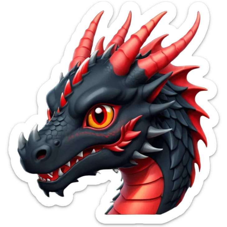 Un dragon noir aux yeux rouges et noir, puis des grandes cornes d'obsidiennes, style anime sticker