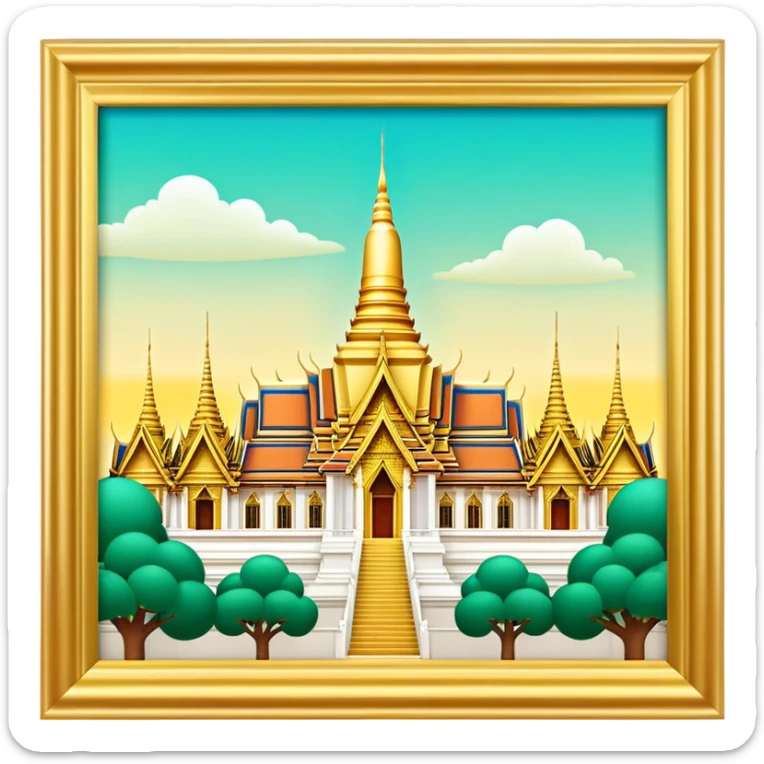 Cinematic Realistic Grand Palace Bangkok Landmark Emoji, showcasing the opulent golden spires, intricate Thai architecture, and the Emerald Buddha Temple set within a vibrant, manicured courtyard. sticker