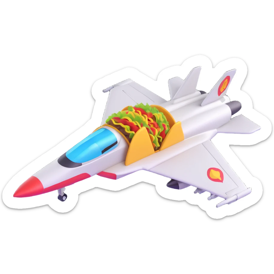 sleek fighter jet with a taco emoji strapped to its side, cinematic and humorous sticker