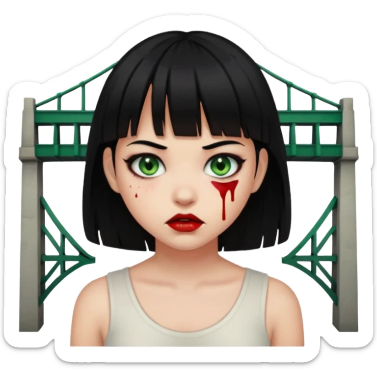 Guria com cabelo preto franjinha sangrando olhos verdes  fundo preto e um piercing bridgepiercing sticker