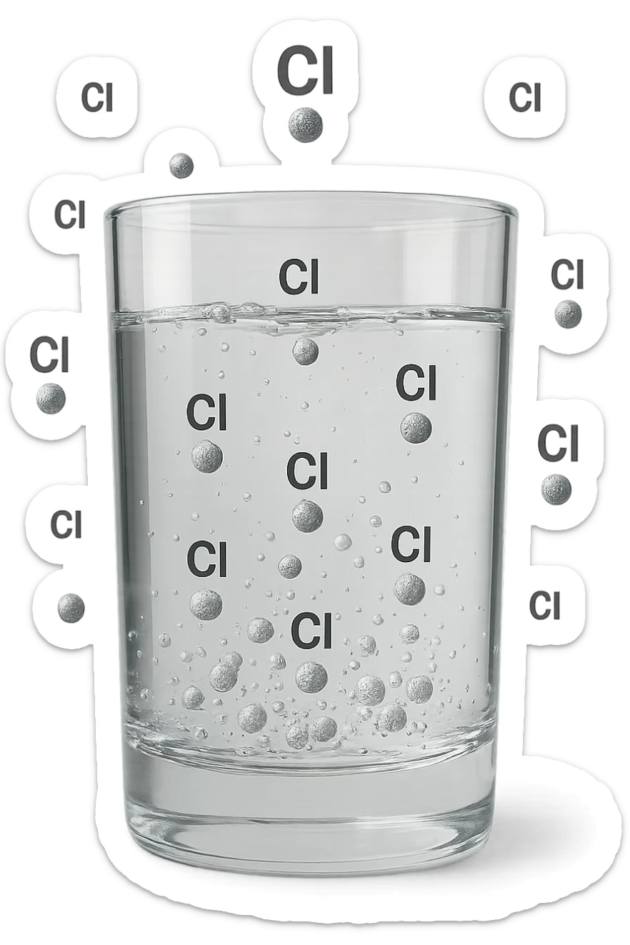 un bicchiere di acqua fluttua in aria realistico e dettagliato, dentro l'acqua del bicchiere ci sono particelle di cloro ben visibili con la scritta "Cl" sopra, ci sono particelle anche che escono dal bicchiere e fluttuan
o in aria verticalmente, mentre alcune sono all'interno dell'acqua nel bicchiere, iperrealistico 4k sticker