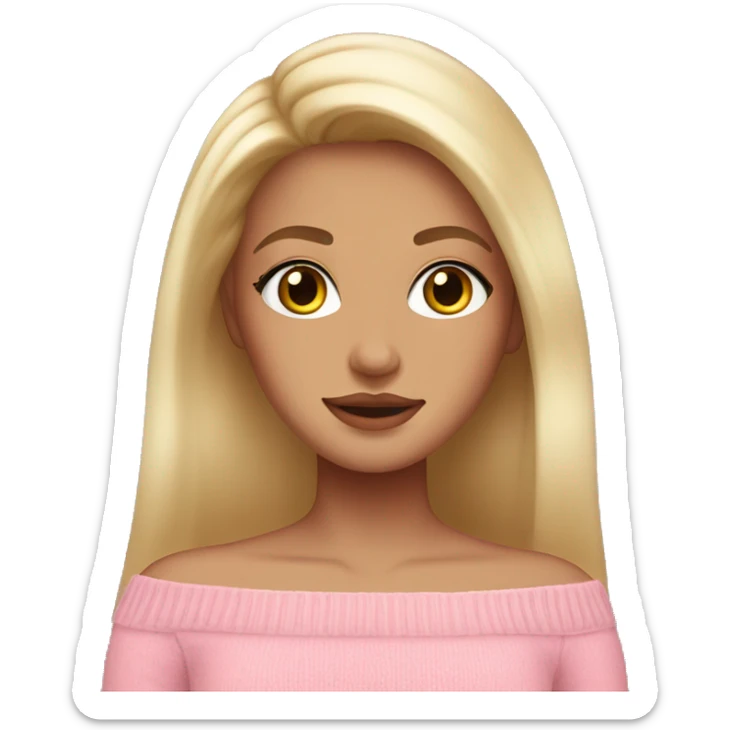 blonde girl with brown eyes, smooth skin, pink off shoulder sweater, long blow out hair sticker