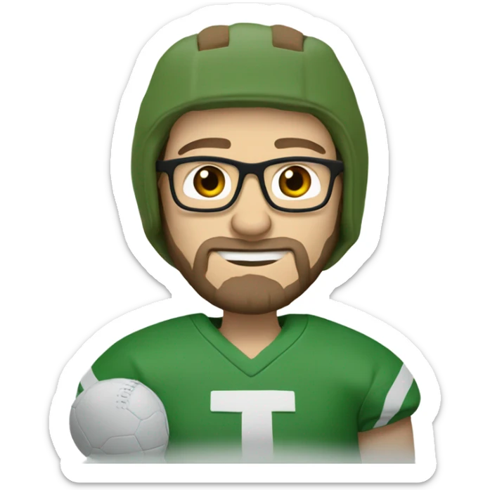 Caucasian man with brown hair beard and glasses wearing a green football jersey and cheese hat sticker