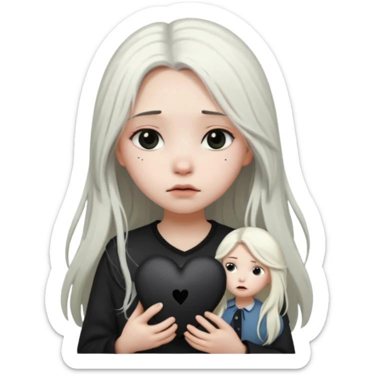 A girl with long white hair is sad and holds a black heart in her hands sticker