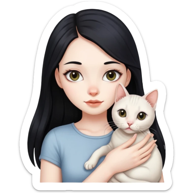 Beautiful girl with long black hair holding a hairless cat sticker