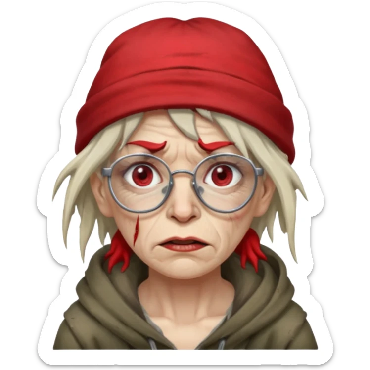 very dirty looking homeless woman with ripped red hat with ugly hair and broken glassess sticker
