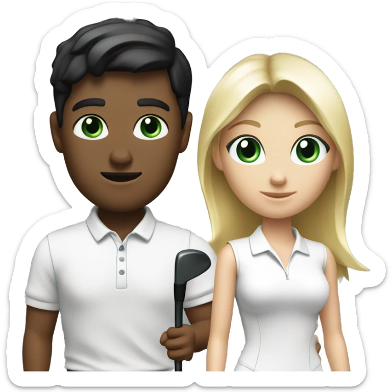 Blond white men green eye wearing white golf outfit, and black hair white woman with brown eye woman wearing black golf outfit playing golf. sticker