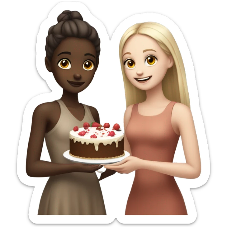 Brown skin girl giving cake to White skin girl sticker