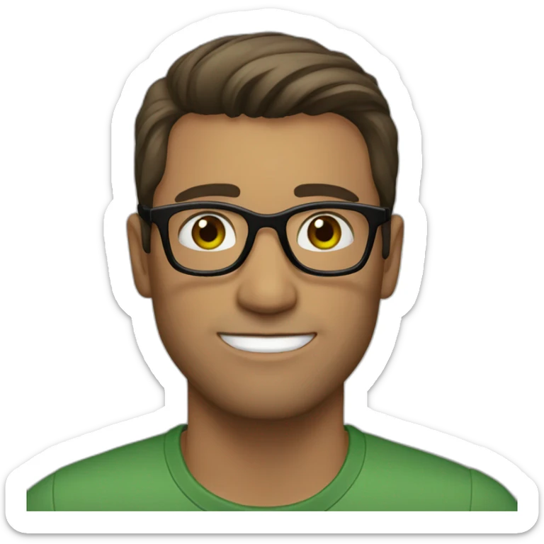 man, green eyes, brown straight hair, black glasses sticker