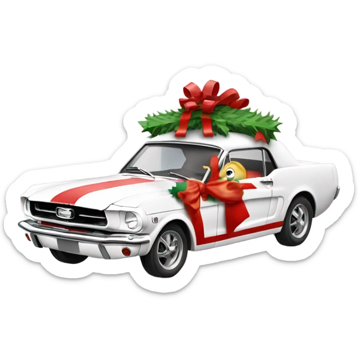 Create a merry Christmas’s messages with a white mustang car from the 1960s with Santa in the drivers seat waving out the window sticker