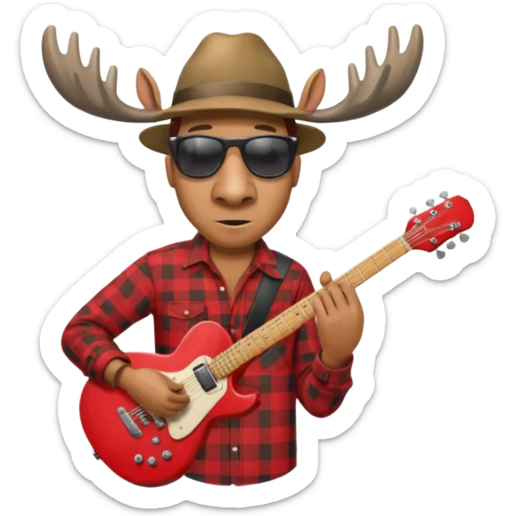  A man with the head of a moose playing a red electric guitar in Alaska sticker