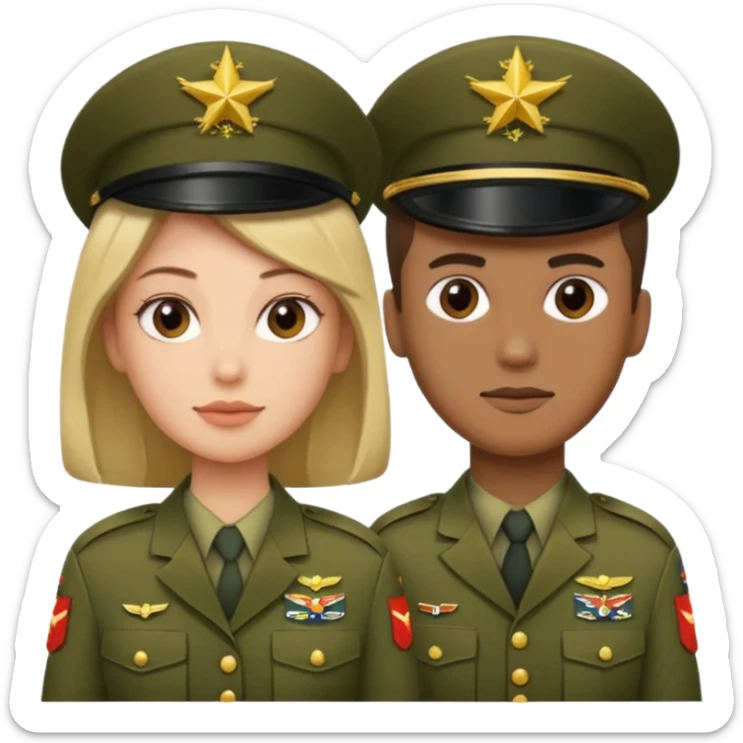 one emoji (female) wearing Army combat uniform and a second emoji (male) wearing the army green service uniform sticker