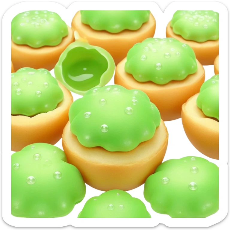 3D rendered Hong Kong egg puffs (港式鸡蛋仔) with pandan flavor, light green color, authentic egg-shaped bubble pattern, hyper-realistic texture, glossy finish, detailed bubbles sticker