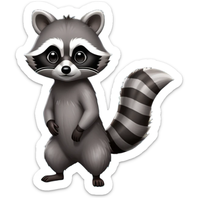 Cinematic-Raccoon-Realistic-Full-Body-Standingon all fours-Emoji – Tail flicking lazily, head tilted dramatically, thick grey fur with a signature black mask, sharp and alert ears, simplified yet realistic focused features, highly detailed, glowing with an almost sarcastic glow. sticker