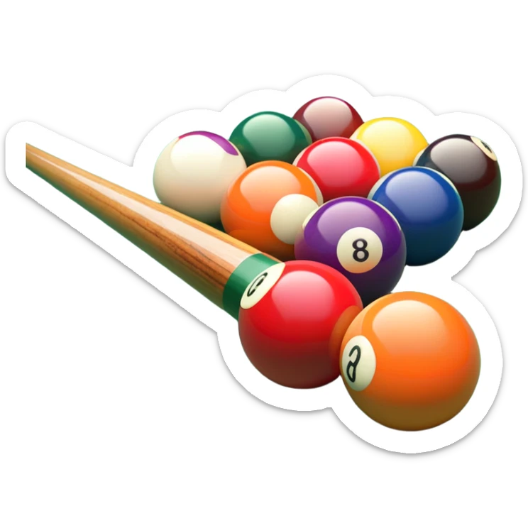 A close-up of a pool cue aimed at a set of colorful billiard balls resting on a green felt table. The focus is on the cue stick and the arrangement of balls, with subtle details of the game’s texture and atmosphere, emphasizing the precision and skill of billiards. sticker
