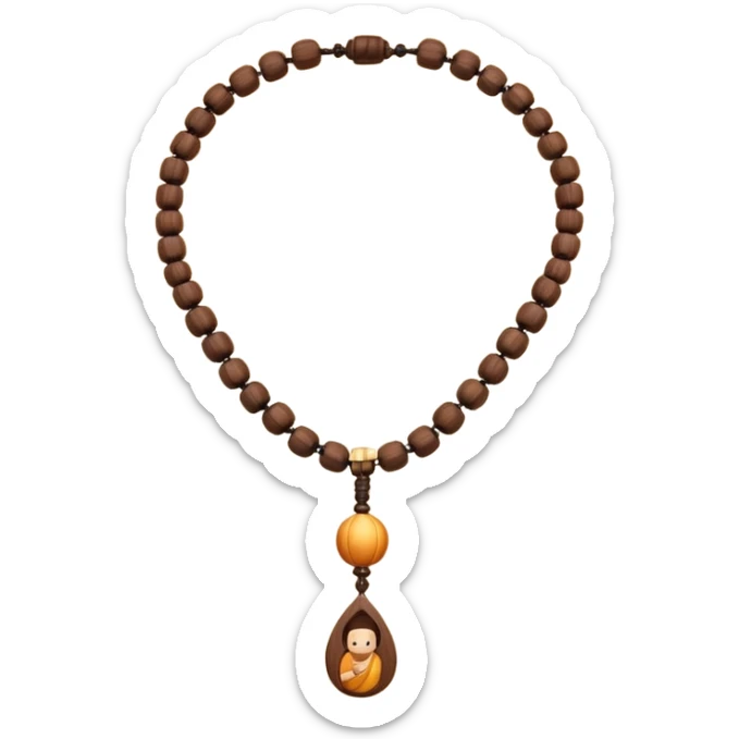 monk necklace object icon, wooden prayer beads with simple pendant, spiritual minimal design, natural wood texture, subtle sacred aura, 3D cartoon style, mobile game icon style, centered, clean background, no text, no watermark
 sticker