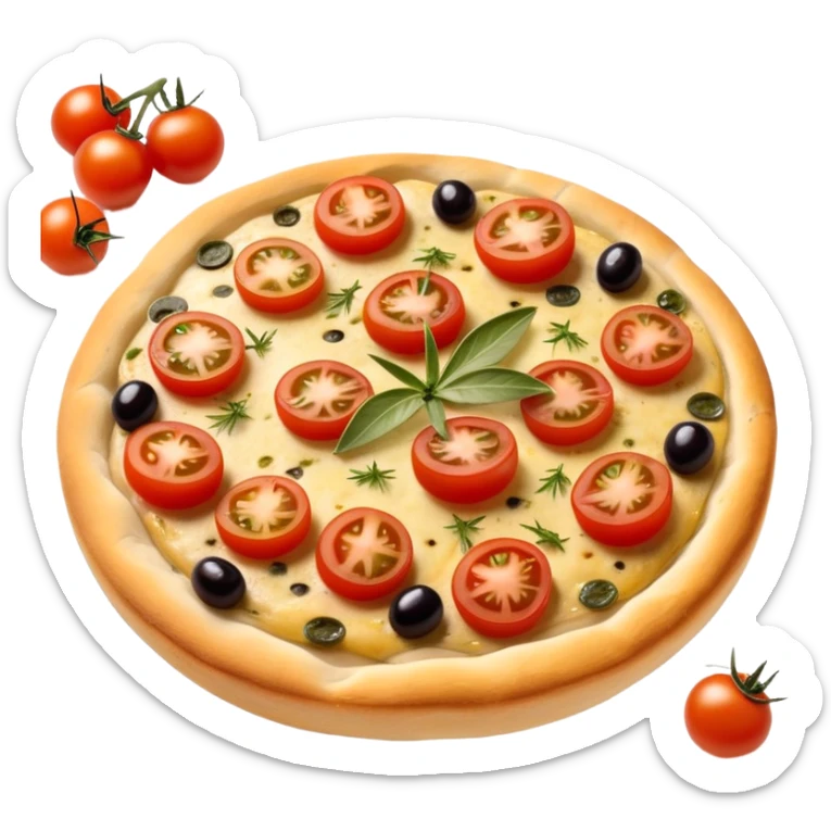 cinematic-realistic-isometric focaccia-bread-dish-emoji,-depicted-as-a-golden,-olive-oil-brushed-flatbread-sprinkled-with-herbs-rendered-with-lifelike-texture-and-soft,-appetizing-lighting showing olives on top and the cherry tomatoes sliced sticker