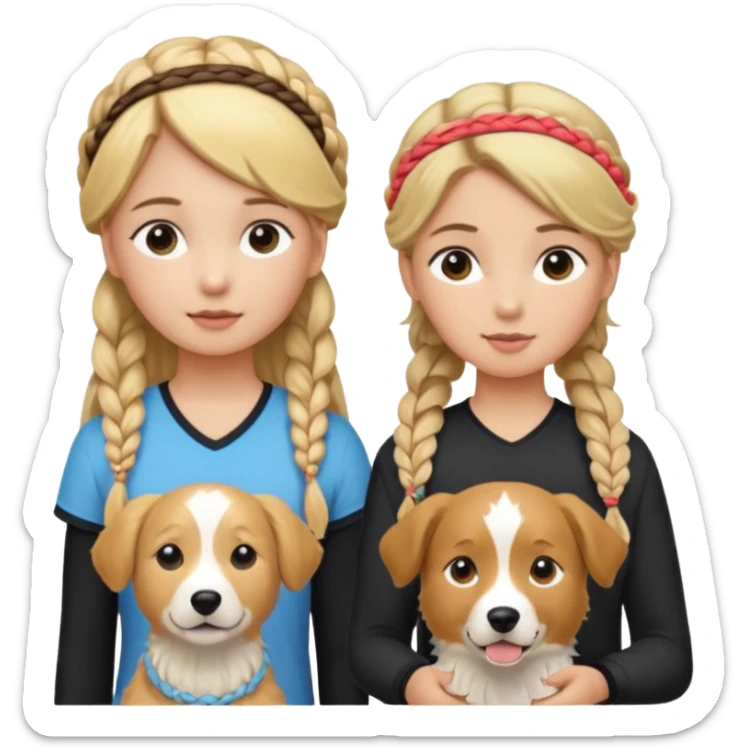 a group of 5 girls two blonde hair tied down one with a golden retriever next to her 1 blonde hair and in a braid  and one brown hair with a head band and 1 blonde hair in a small braid with a border collie next to her sticker
