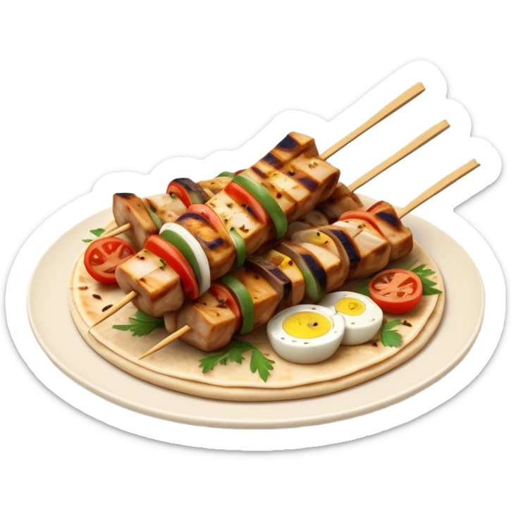 cinematic-realistic-souvlaki-dish-emoji,-showcasing-skewered,-grilled-chicken-with-mediterranean-spices-rendered-with-dynamic-textures-and-warm,-appetizing-lighting on pita bread on a plate sticker