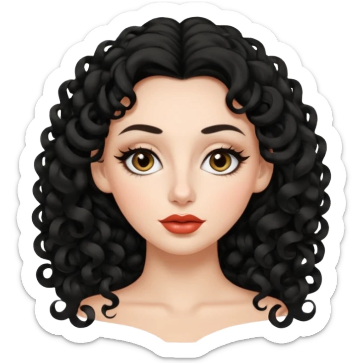persona mujer con piel clara y rizos suaves color negro y largos  y sin volumen y con delineador en los ojos y con los labios medianos, ojos almendrados y nariz respringada sticker
