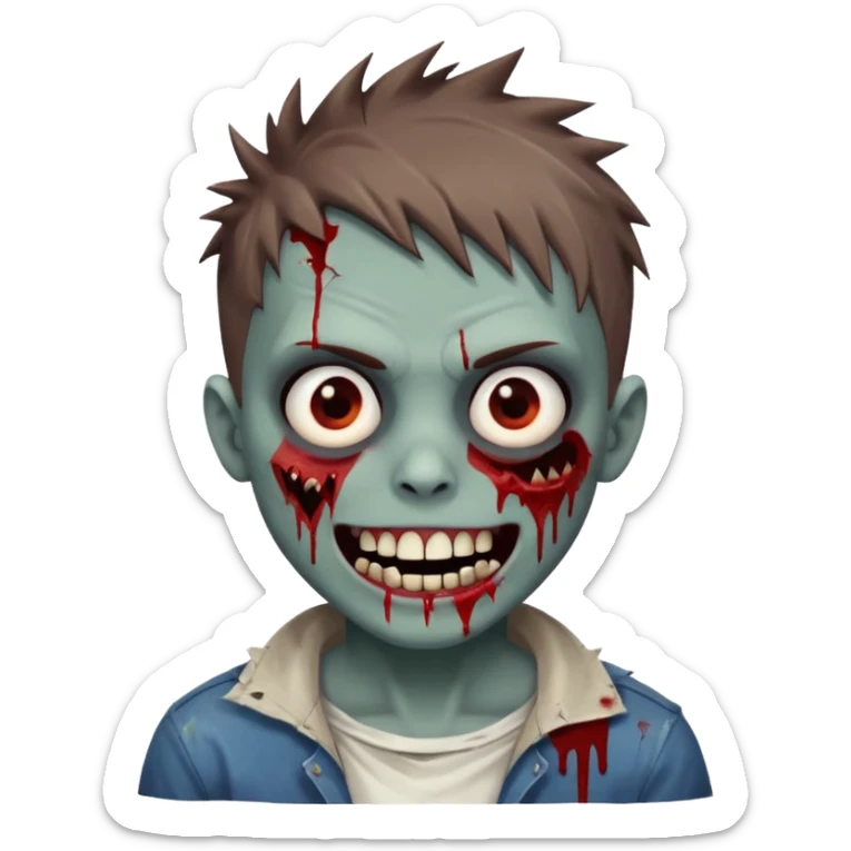 zombie boy with brown short spiky hair, white skin, and white eyes; an open smile, and bloodied teeth; sticker