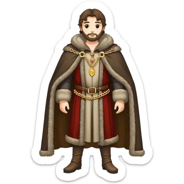 Full body of wealthy medieval merchant in fine clothes, fur-trimmed cloak, and gold chain sticker