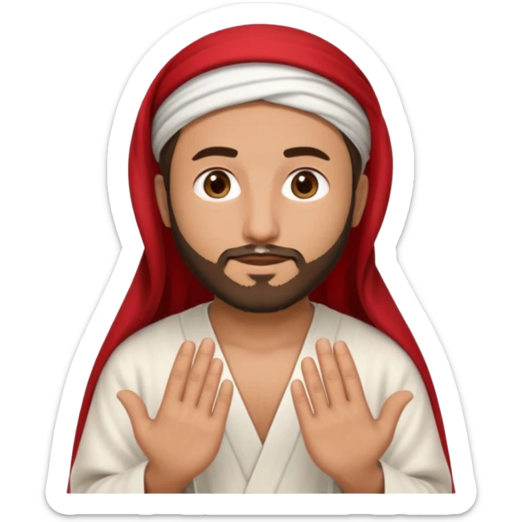 detailed iPhone-style emoji of a Saudi man with round cartoon face, short beard, gentle brown eyes, wearing white thobe and red-and-white shemagh with black agal, both hands gently shown sticker