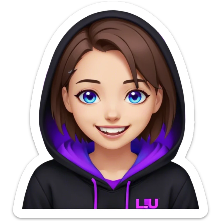 brown haired girl with a bob and blue eyes wearing black hoody with violet letters "Lu", laughs. Cyberpunk style. Violet neon. sticker