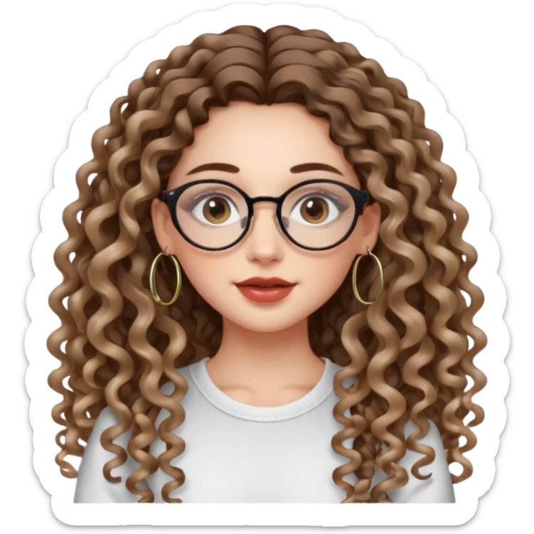 cute whilte girl with not volominous VERY LONG curly hair with balayage, brown eyes, full lips, natural clean girl makeup and hoop earrings and glasses sticker