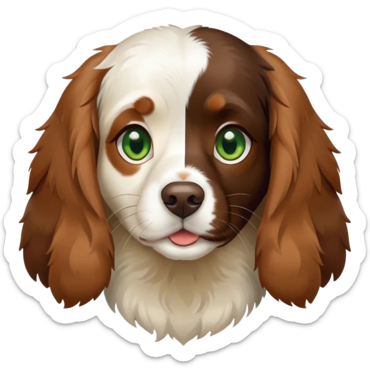 brown tricolor breton spaniel with green eyes with a white spot on the nose sticker