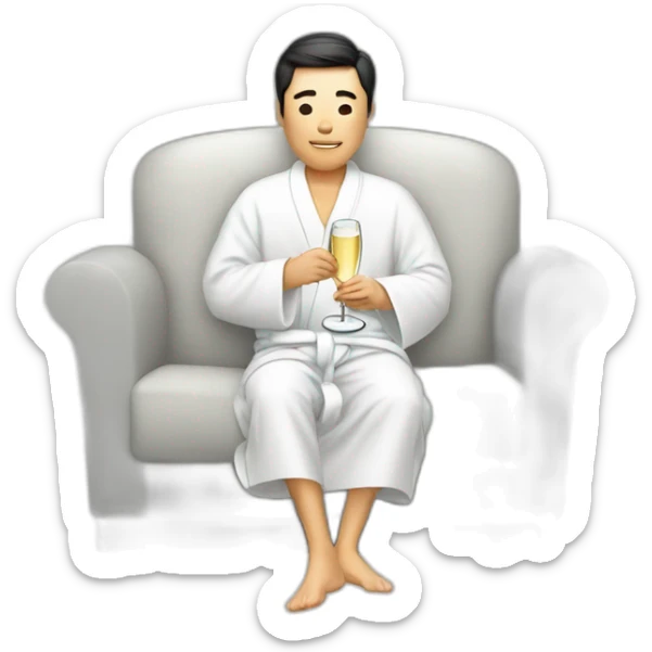 A Korean man in a bathrobe on the sofa with a glass of champagne sticker
