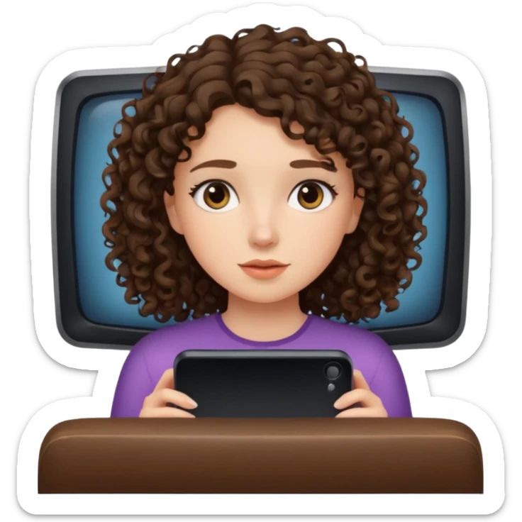 A girl, brunette with curly hair down to her shoulders, watching TV.  sticker