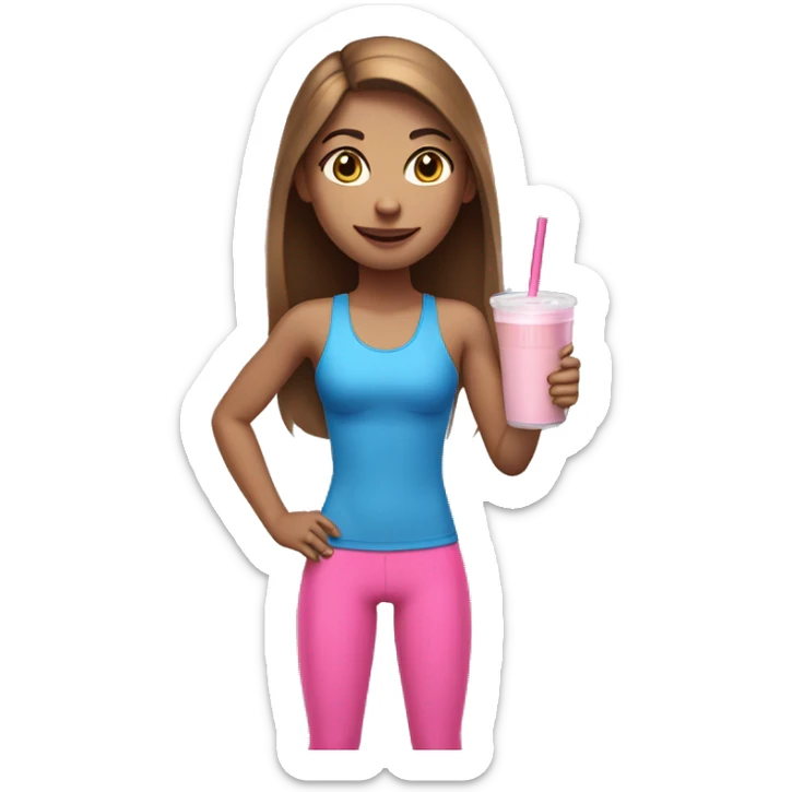 a girl with brown long straightened hair and blue eyes with pink leggings and pink sports top with a protein shake in her hand sticker