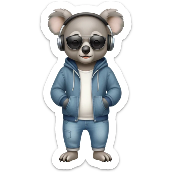 anthropomorphised koala full body wearing a hoodie and jeans dark sunglasses headphones sticker