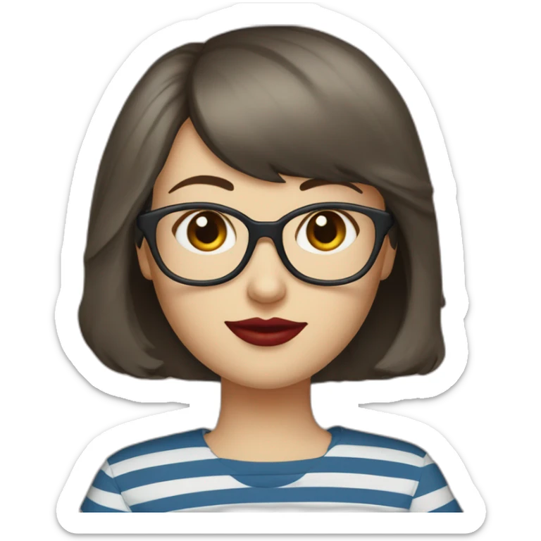 caucasian woman with retro glasses, dark brown hair, a bob haircut, bangs, red lipstick, blue and white striped t shirt sticker