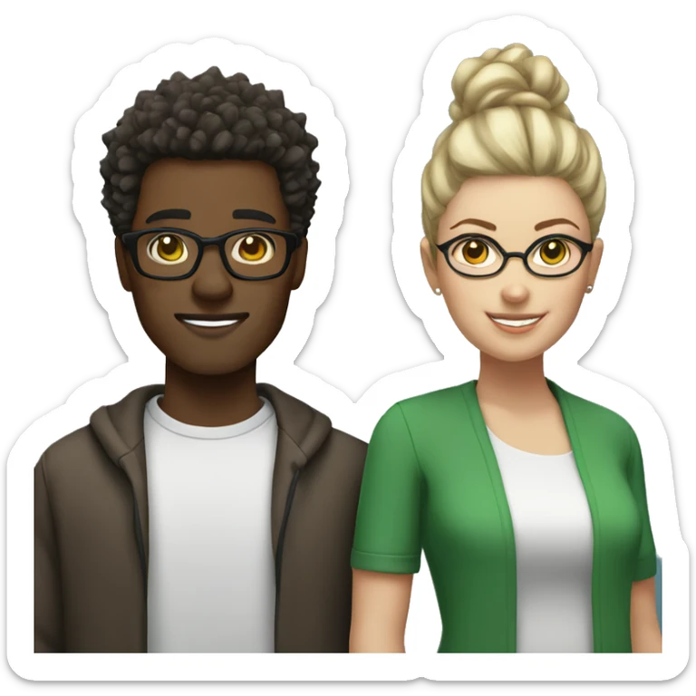 black male with spikey hair and glasses and white female with brown wavy hair , green eyes and glasses sticker