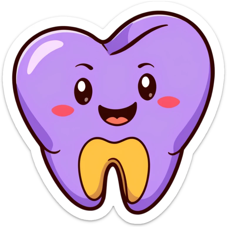 cartoon brown emoji face with purple heart eyes, smiling with a tooth gap and a gold tooth on the side sticker