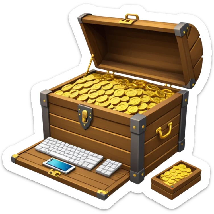 A high-quality 3D emoji of an open wooden treasure chest overflowing with high-end gaming hardware. The design is isometric, featuring sleek laptops, powerful graphics cards with visible fans, and small CPU chips scattered like gold coins. Apple emoji style. sticker