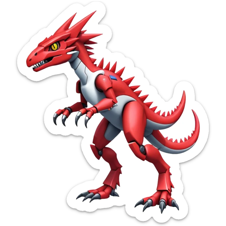 Spiky Cool Edgy Futuristic shiny colorful Digimon-Fakemon-Guilmon-Velociraptor-Mecha, full body, two legs sticker