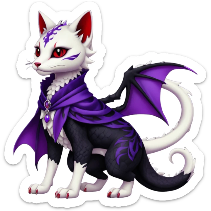 Kawaii feral, four-legged gothic dark badass black, red, purple, cute beautiful pretty elegant divine edgy feline-vernid-sergal-Haku-dragon-fursona-animal-creature, full body, with intricate detailed markings, silken shawl sticker
