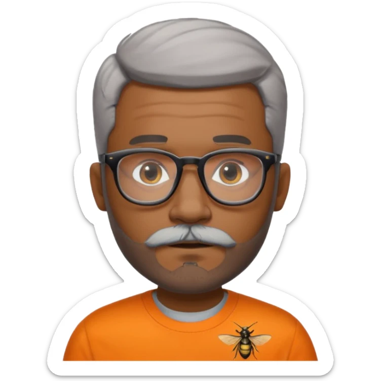 Derek, medium brown Black male, low fade haircut,slightly grey mustache fading into a grey beard, black rimmed browline glasses, wearing an orange shirt with hornets written on the front in black with white trim sticker