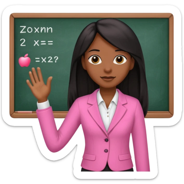 a brown skin teacher with hair with black straight long hair wearing pink not hot pink 2 piece set teaching up on a board sticker