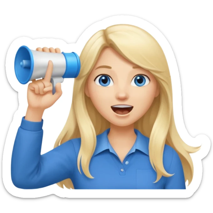  blue eyes blonde girl yelling into megaphone smiling long hair holding up finger sticker